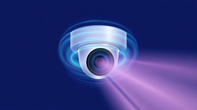 Security camera with glowing light and digital effect, futuristic surveillance technology concept with blue background