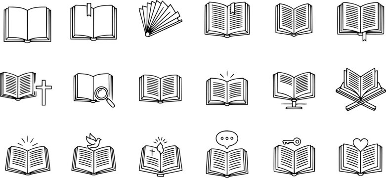 Education, Knowledge, and Religion Book Line Art Icon Set for Learning, Study, and Spirituality