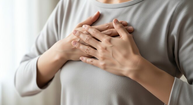 Senior woman holding hands over chest showing concern and vulnerability.