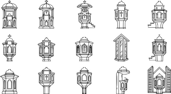 Christian Church Pulpit and Lectern Black and White Line Art Icons Set. Religious Sermon Stands Glyph Outline Vector Illustrations.