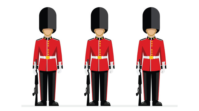 Flat vector illustration of three royal guards in traditional red tunics and tall black bearskin hats standing in formation