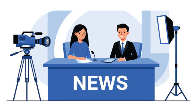 Professional News Anchors Broadcasting in Television Studio with Camera and Lighting Equipment Flat Vector Illustration