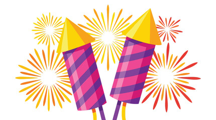 Obraz premium Two Colorful Striped Fireworks Rockets with Bright Exploding Bursts on White Background