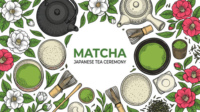 Traditional Japanese Matcha Tea Ceremony Illustration with Green Tea Powder Whisk Bowls and Camellia Flowers