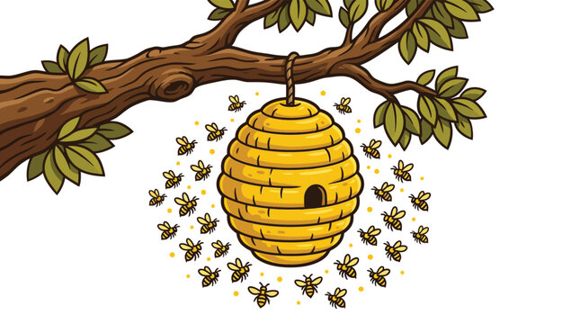 Cartoon Beehive Hanging on Tree Branch with Swarm of Honey Bees Illustration Isolated on White Background