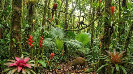 Fototapeta premium Lush Forest with Exotic Flora and Fauna