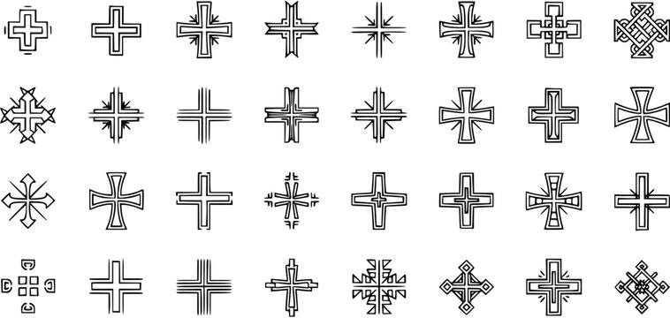 Diverse Collection of Ornamental Crosses and Religious Symbols - Black  White Line Art Glyphs for Spiritual, Heraldry  Design.