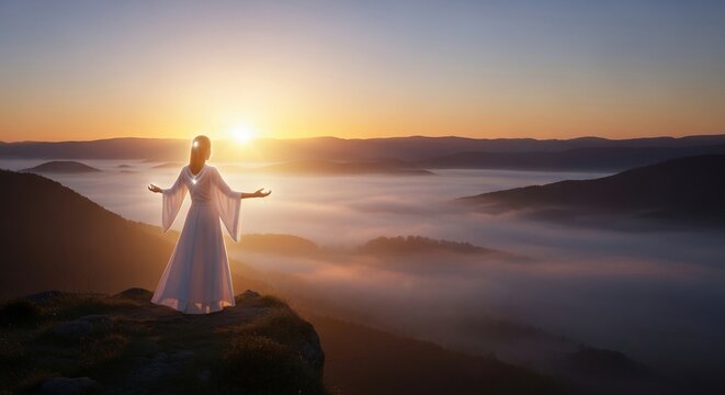 Woman arms outstretched sunset landscape
