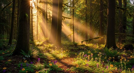 Obraz premium Sunlight Beams Through Dense Forest Trees and Ferns.