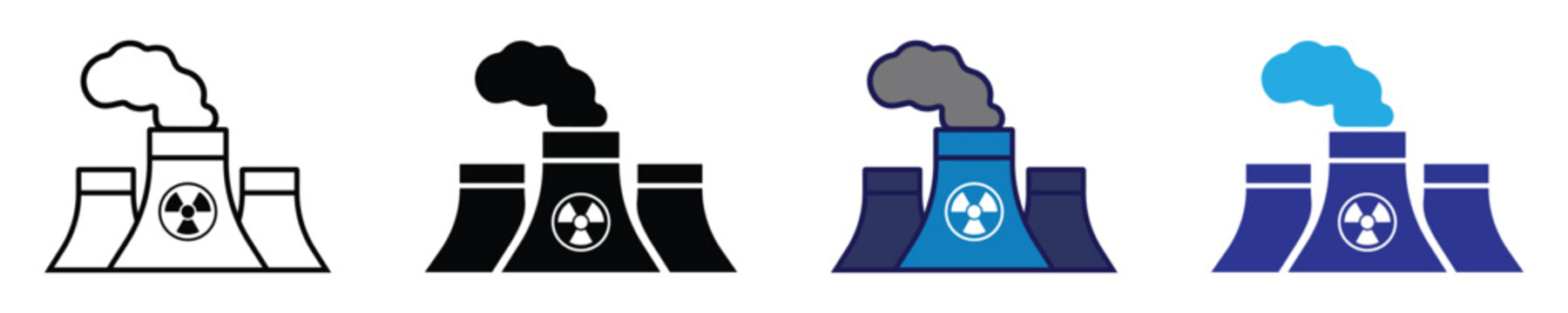 Nuclear power plant vector icon set with reactor buildings, radiation symbol, nuclear energy icons and atomic power industry elements. Power plant. Vector illustration.