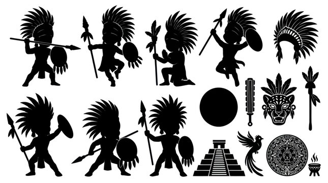 Aztec Warrior Silhouette Icons, Mesoamerican Culture, Stock Vector Graphics