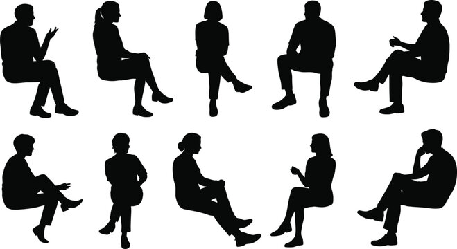 Ten black silhouettes of people sitting in various poses