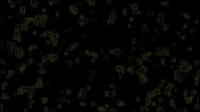Looping Background Animation with squares yellow lines on dark black digital backdrop , Cyan flickering Hi tech motion graphic on dark background