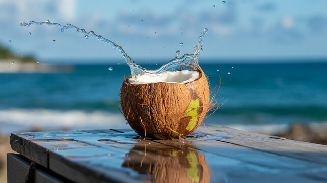 Fresh coconut being opened with water splashing on beachside wooden surface