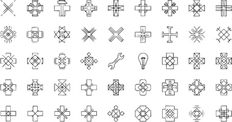Obraz premium Collection of hand-drawn line art geometric symbols, crosses, technology icons, and abstract design elements in black and white sketch style.