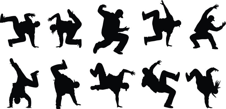 Breakdance silhouettes set with dynamic hip hop moves, spins and freezes isolated on white background urban dance vector illustration