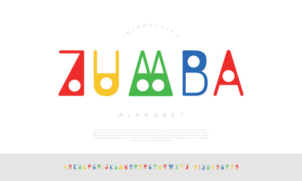 Zumba colorful geometric alphabet font set with playful abstract letters and numbers for kids design projects