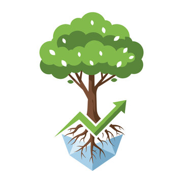 Tree growing from roots with upward arrow chart symbolizing investment growth in environmental sustainability
