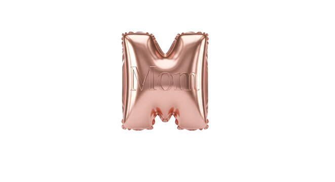 A shiny rose gold letter M balloon floats in air on transparent background