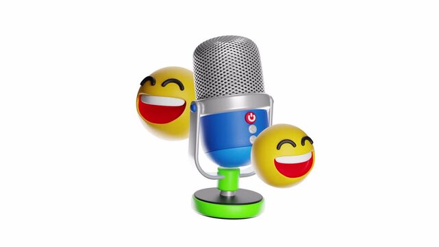 Microphone decorated with yellow laughing emojis suitable for podcast or comedyrelated designs. Ideal for playful, lighthearted content creation.