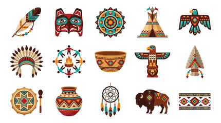 A vibrant collection of Native American cultural symbols and artifacts, including feathers, masks, dreamcatchers, tipis, and animals. © GJ