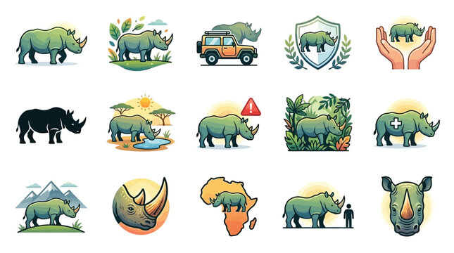 Collection of stylized illustrations featuring rhinoceroses in various natural and conservation-themed scenarios.