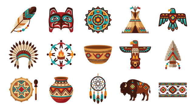 A vibrant collection of Native American cultural symbols and artifacts, including feathers, masks, dreamcatchers, tipis, and animals.