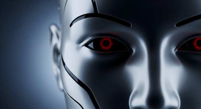 Close-up of a robotic face with glowing red eyes.
