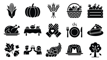 A collection of black and white icons representing various elements associated with Thanksgiving and harvest celebrations. © GJ