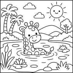 Bold and Easy Giraffe Coloring Page - Cozy Moment Cute Kawaii Wild Animal Minimalist Line Art Vector Illustration for Adults and Kids Relaxing Activity Book Asset © Rs