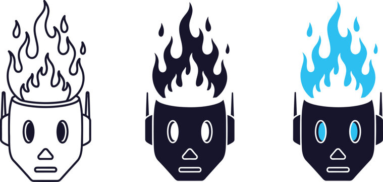 Three robot head icons showing flames on top in white black and blue colors symbolizing overheating or creative burnout.