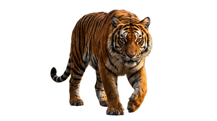 Obraz premium A majestic Bengal tiger with striking orange fur and black stripes stands isolated on a white background as a powerful feline predator from the wild