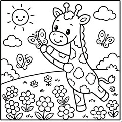 Bold and Easy Giraffe Coloring Page - Cozy Moment Cute Kawaii Wild Animal Minimalist Line Art Vector Illustration for Adults and Kids Relaxing Activity Book Asset © Rs
