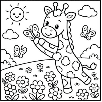Bold and Easy Giraffe Coloring Page - Cozy Moment Cute Kawaii Wild Animal Minimalist Line Art Vector Illustration for Adults and Kids Relaxing Activity Book Asset