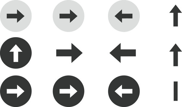 Navigation arrow icon set with directional pointers in circles and standalone shapes for interface design or website navigation maps including left right up and down orientations and.