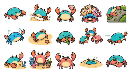 A charming collection of cute cartoon crabs in various playful poses and beach-themed scenarios, showcasing their adorable nature. © geira