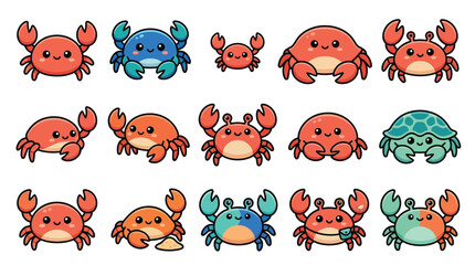 A delightful collection of cute, cartoon-style crabs in various colors and poses, set against a white background. © geira