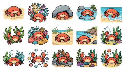 A collection of cute cartoon crabs in various adorable poses and ocean-themed environments, showcasing their playful nature. © geira