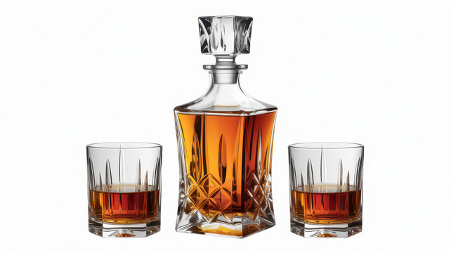 Crystal whiskey decanter and two matching glasses filled with amber liquid on white background