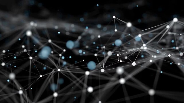 Digital network representation shows connections and points in a dark space with blue dots and lines in a complex pattern capturing the essence of technology and data