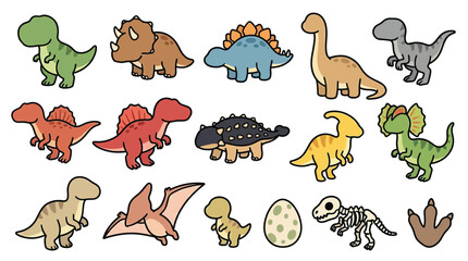 A charming collection of cute, cartoon-style dinosaurs and related prehistoric elements, perfect for children's educational materials or playful designs. © geira