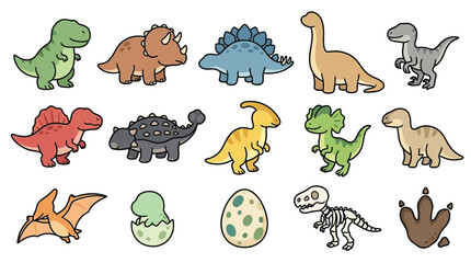 Collection of cute cartoon dinosaurs and related elements including eggs and footprints. © geira
