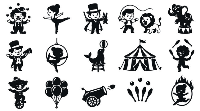 Circus Icons Black and White Vector Art: Clowns, Lion, Elephant, Tent, Acrobat