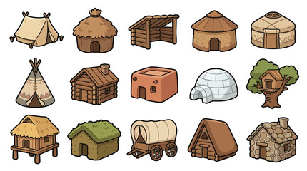 A collection of diverse historical and primitive dwelling illustrations, showcasing various architectural styles from different cultures and eras. © geira