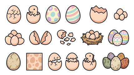 Fototapeta premium A collection of various dinosaur eggs, some cracked, some hatching, and some with baby dinosaurs emerging, presented in a cartoonish style.
