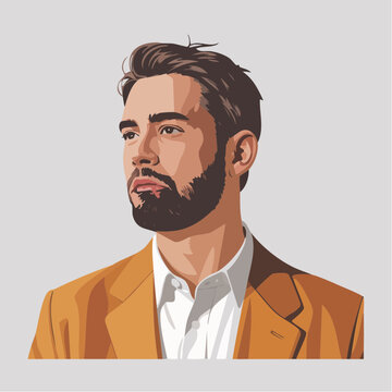 Illustration of a bearded man in orange blazer and white shirt