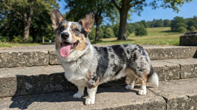 Adorable Blue Merle Cardigan Welsh Corgi Dog Standing on Stone Steps Outdoors.