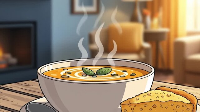Cozy scene a bowl of soup and a slice of cornbread near a fireplace in cartoon style