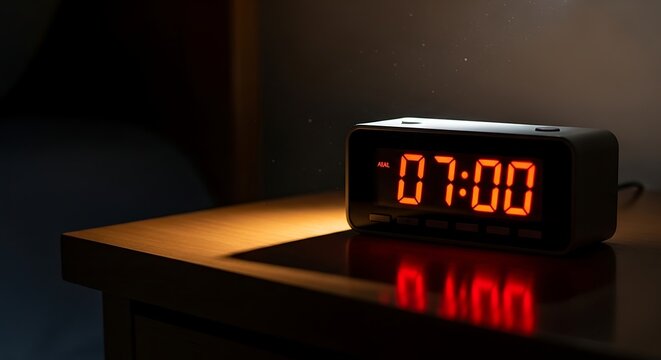 Digital alarm clock on dark table.