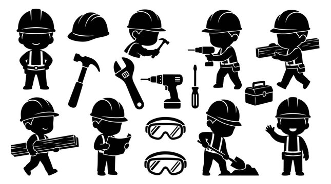 Cute Construction Workers and Hand Tools Glyph Silhouette Vector Icons Set